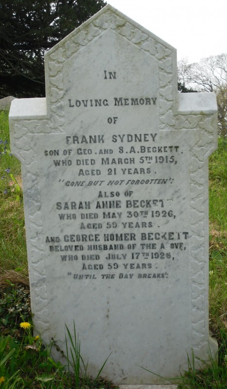 The Beckett family grave in St. George. Frank Sydney is entitled to a war grave headstone from the Commonwealth War Graves Commission though this has never been supplied. If any descendants see this article and feel that the provision of a war grave headstone would be appropriate please make contact for details of how this can be achieved.